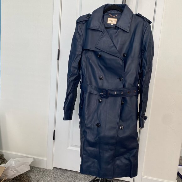 Santinni Navy Leather Trench Coat (Size Medium)